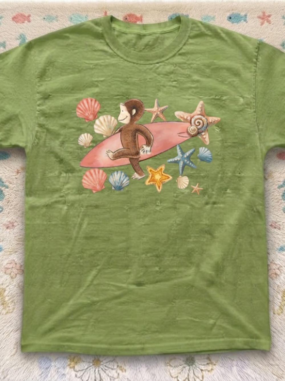 Kiwi Tee with Surfing Monkey and Seashells